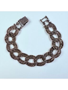 Vintage Large Marcasite 16mm Flat Curb Chain Link Sterling Silver 925 Bracelet